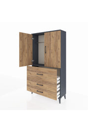 Arges Dolap Tek Raflı 3 Çekmeceli Tek Askılı 88x30x163 Antrasit-Çam
