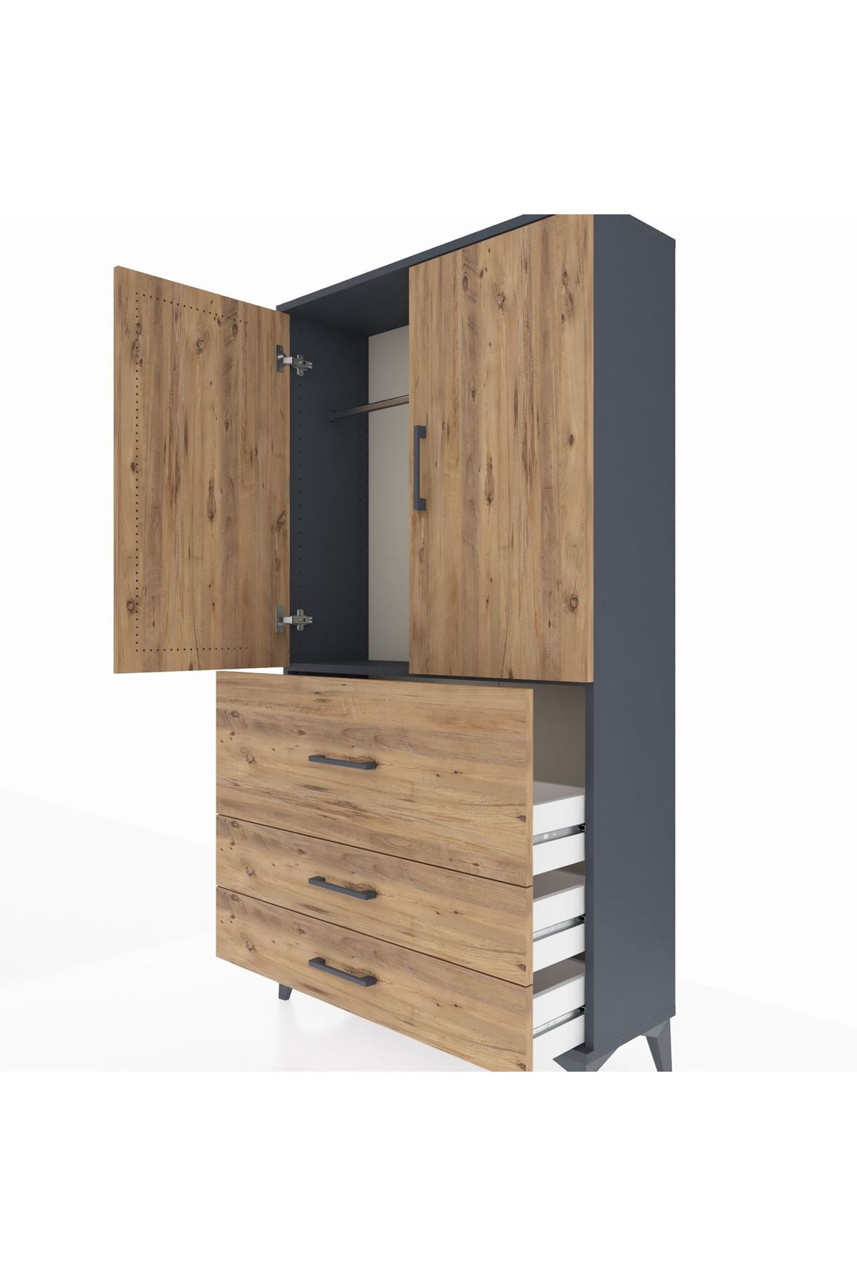 Arges Dolap Tek Raflı 3 Çekmeceli Tek Askılı 88x30x163 Antrasit-Çam