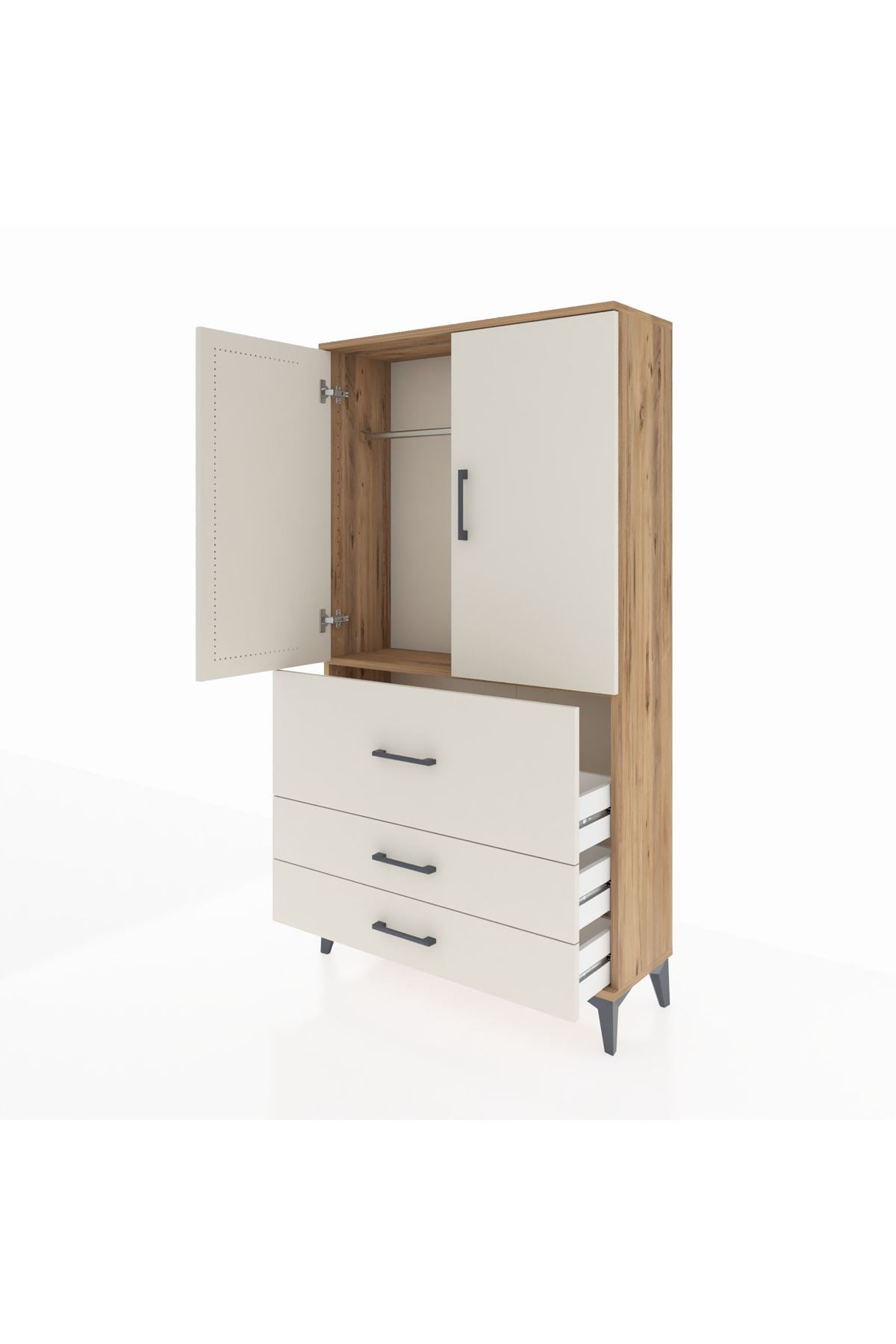 Arges Dolap Tek Raflı 3 Çekmeceli Tek Askılı 88x30x163 Çam-Aytaşı