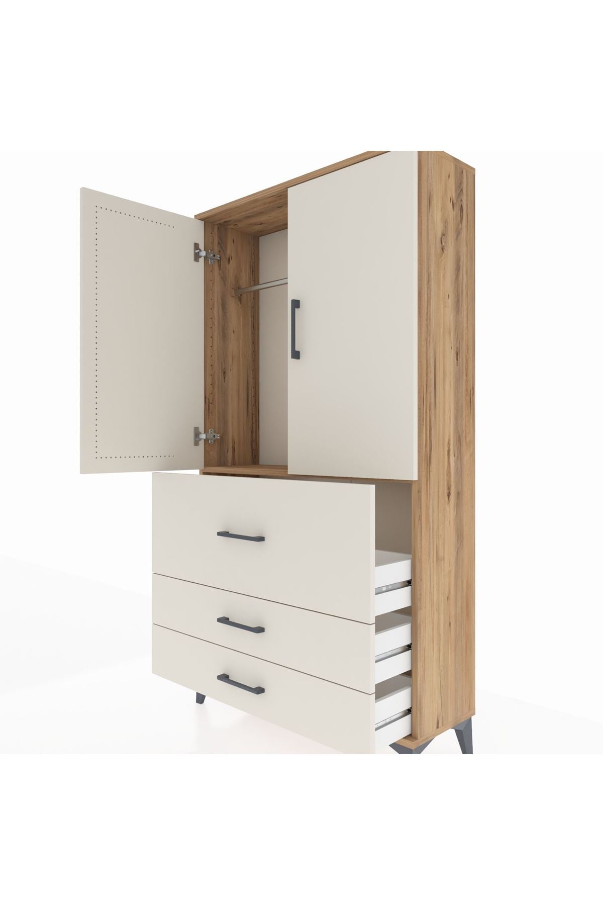Arges Dolap Tek Raflı 3 Çekmeceli Tek Askılı 88x30x163 Çam-Aytaşı