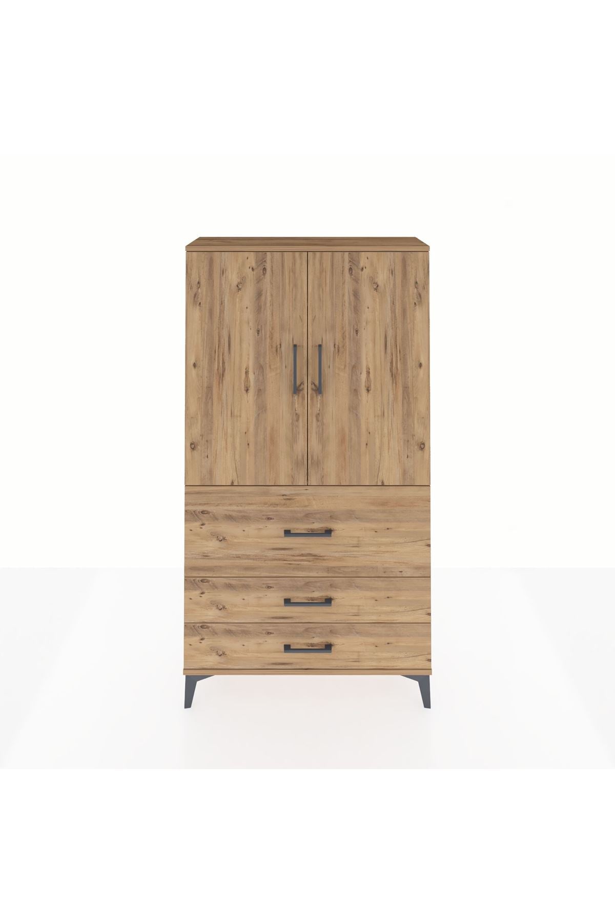 Arges Dolap Tek Raflı 3 Çekmeceli Tek Askılı 88x30x163 Çam-Çam