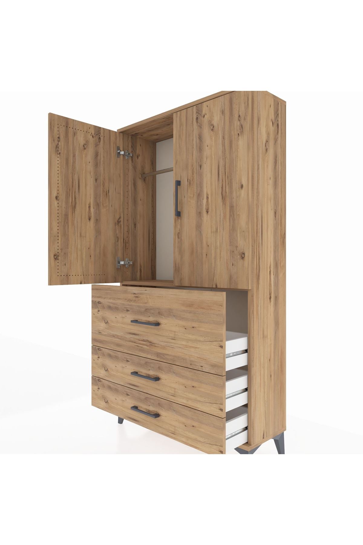 Arges Dolap Tek Raflı 3 Çekmeceli Tek Askılı 88x30x163 Çam-Çam