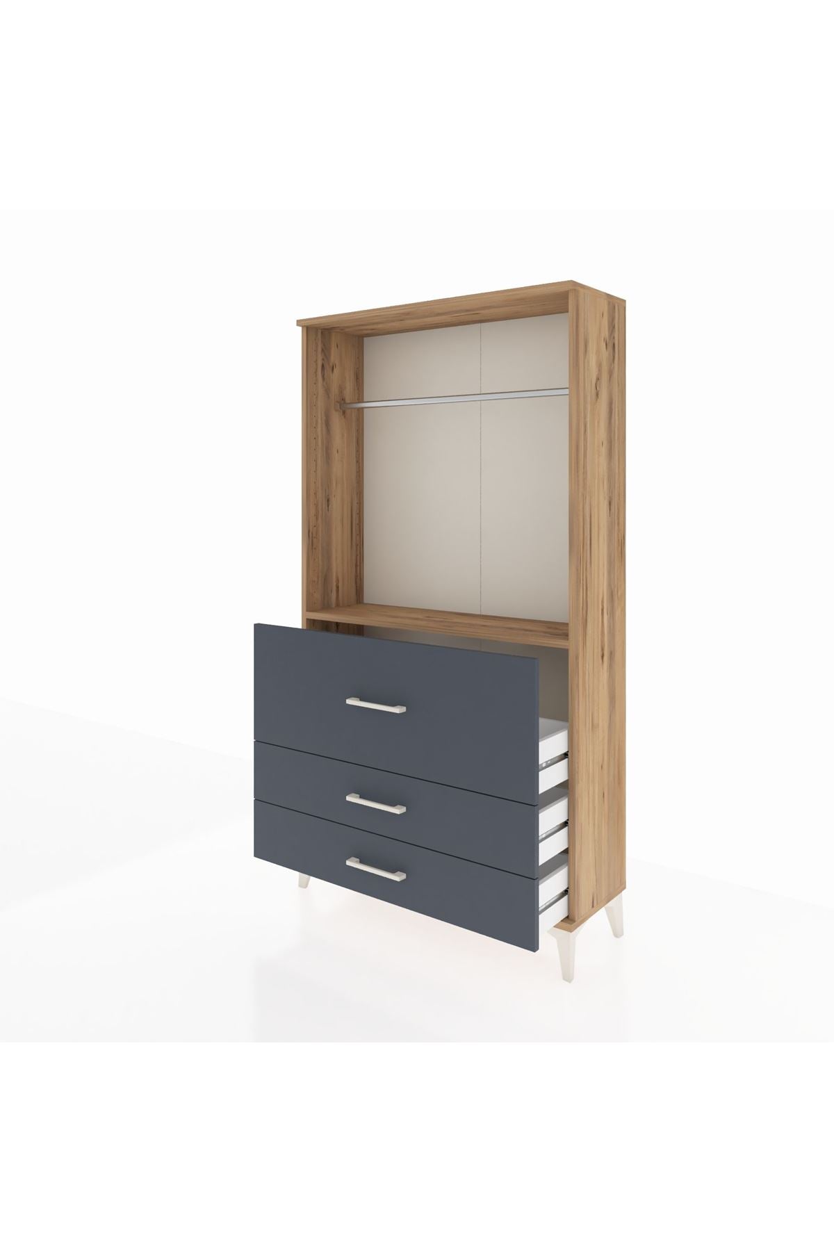 Arges Dolap Tek Raflı 3 Çekmeceli Tek Askılı 88x30x163 Çam-Antrasit