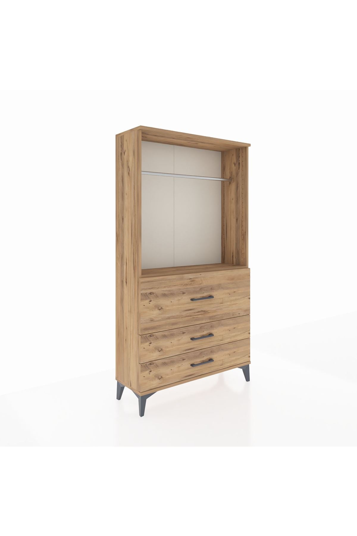 Arges Dolap Tek Raflı 3 Çekmeceli Tek Askılı 88x30x163 Çam-Çam