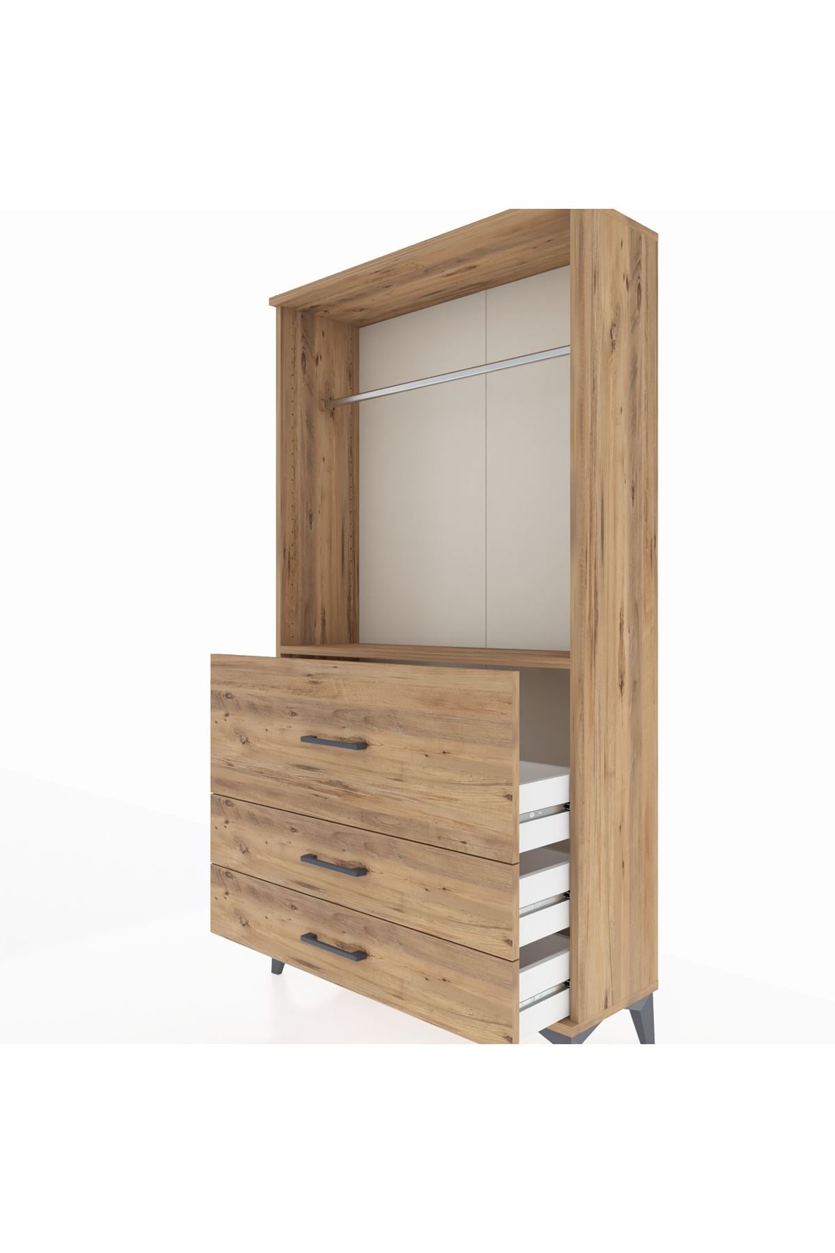 Arges Dolap Tek Raflı 3 Çekmeceli Tek Askılı 88x30x163 Çam-Çam