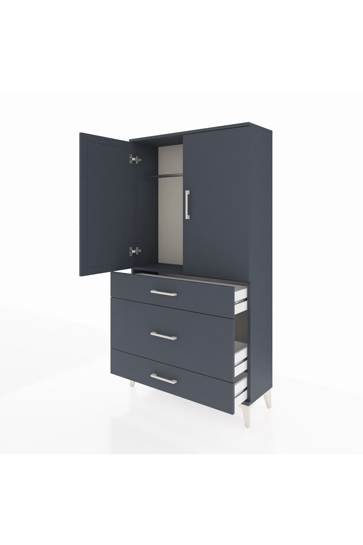 Arges Dolap Tek Raflı 3 Çekmeceli Tek Askılı 88x30x163 Antrasit-Antrasit