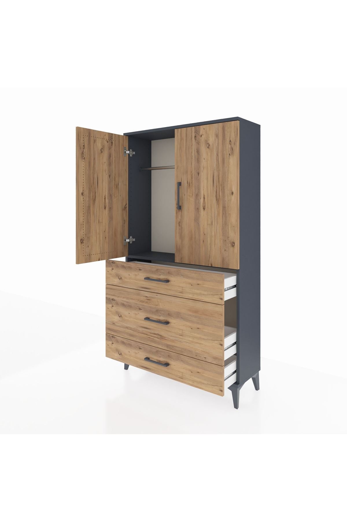 Arges Dolap Tek Raflı 3 Çekmeceli Tek Askılı 88x30x163 Antrasit-Çam