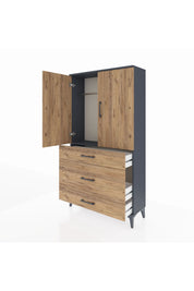 Arges Dolap Tek Raflı 3 Çekmeceli Tek Askılı 88x30x163 Antrasit-Çam