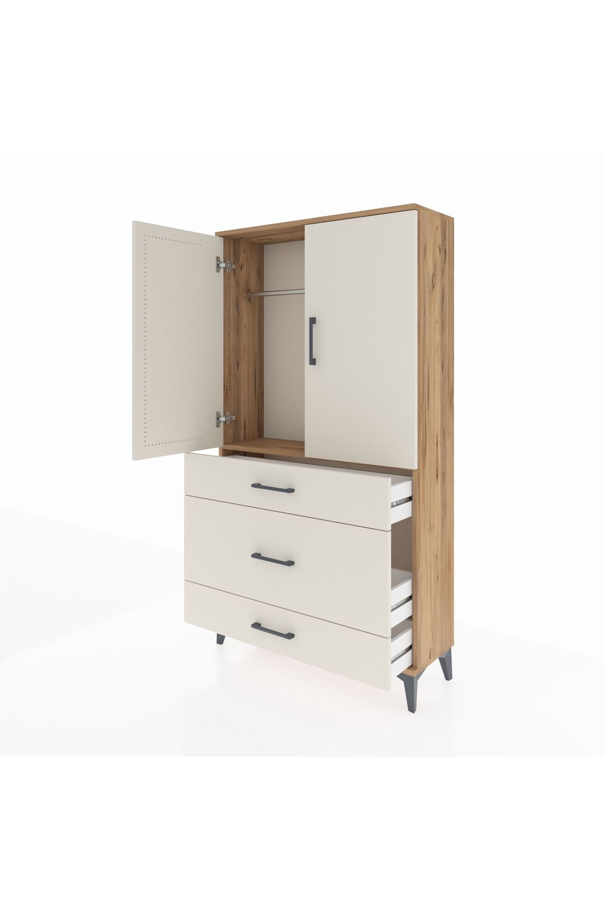Arges Dolap Tek Raflı 3 Çekmeceli Tek Askılı 88x30x163 Çam-Aytaşı