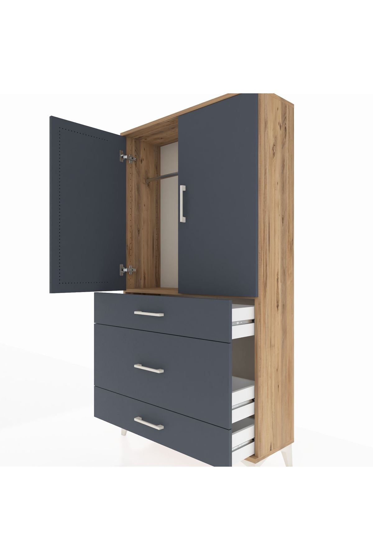 Arges Dolap Tek Raflı 3 Çekmeceli Tek Askılı 88x30x163 Çam-Antrasit