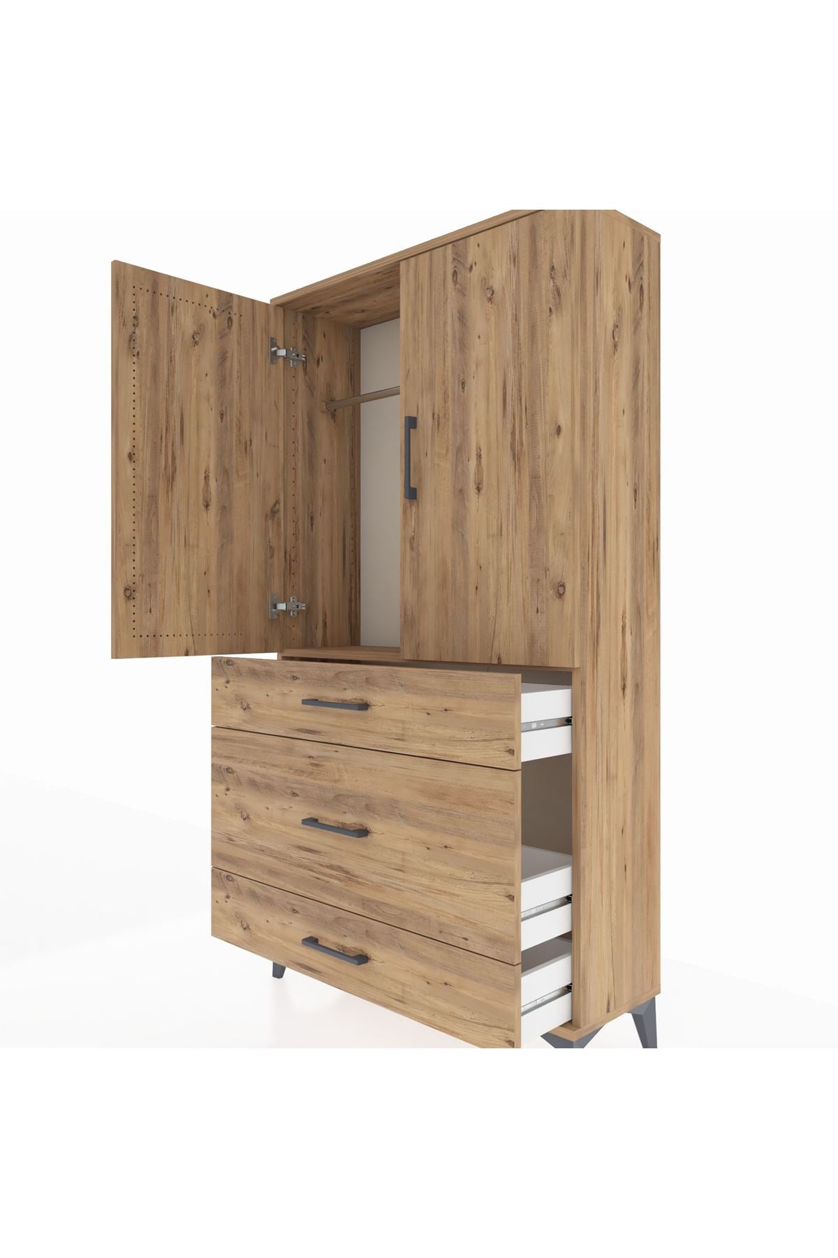 Arges Dolap Tek Raflı 3 Çekmeceli Tek Askılı 88x30x163 Çam-Çam