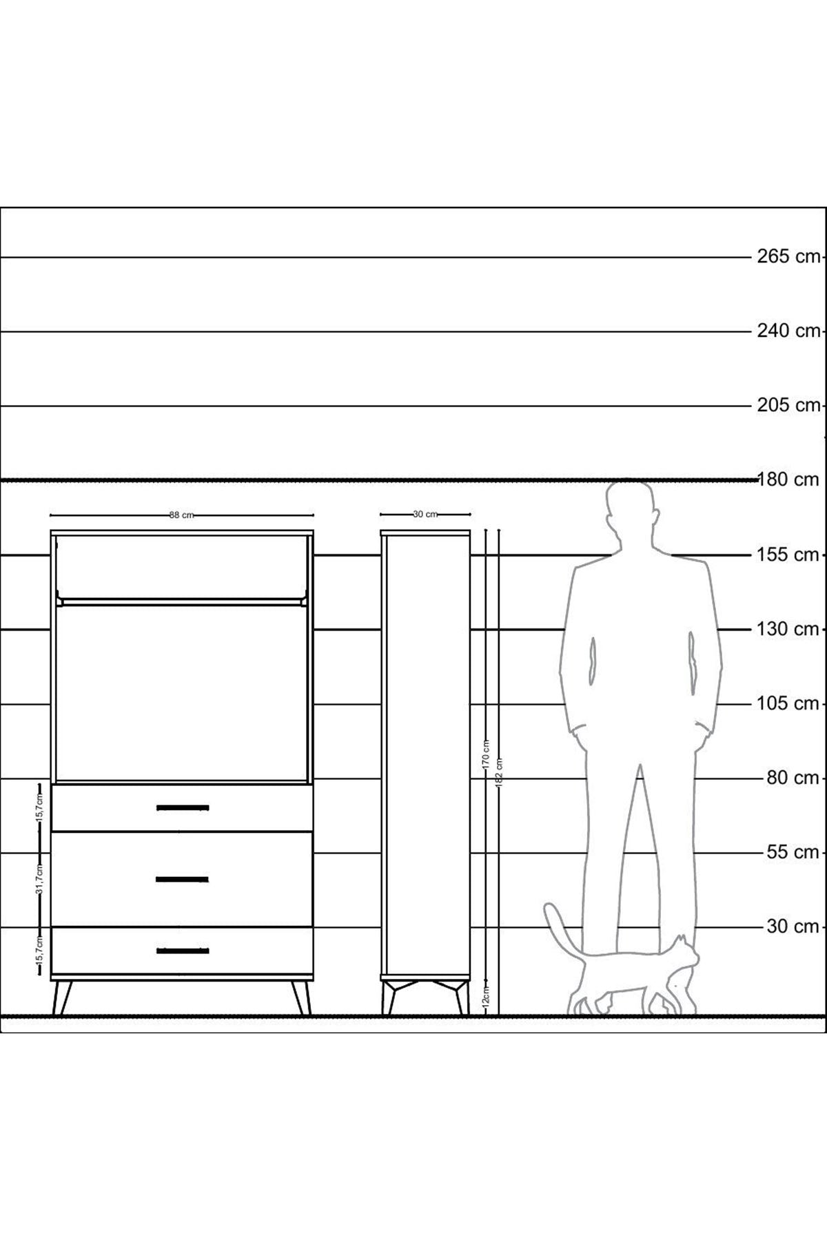 Arges Dolap Tek Raflı 3 Çekmeceli Tek Askılı 88x30x163 Çam-Antrasit