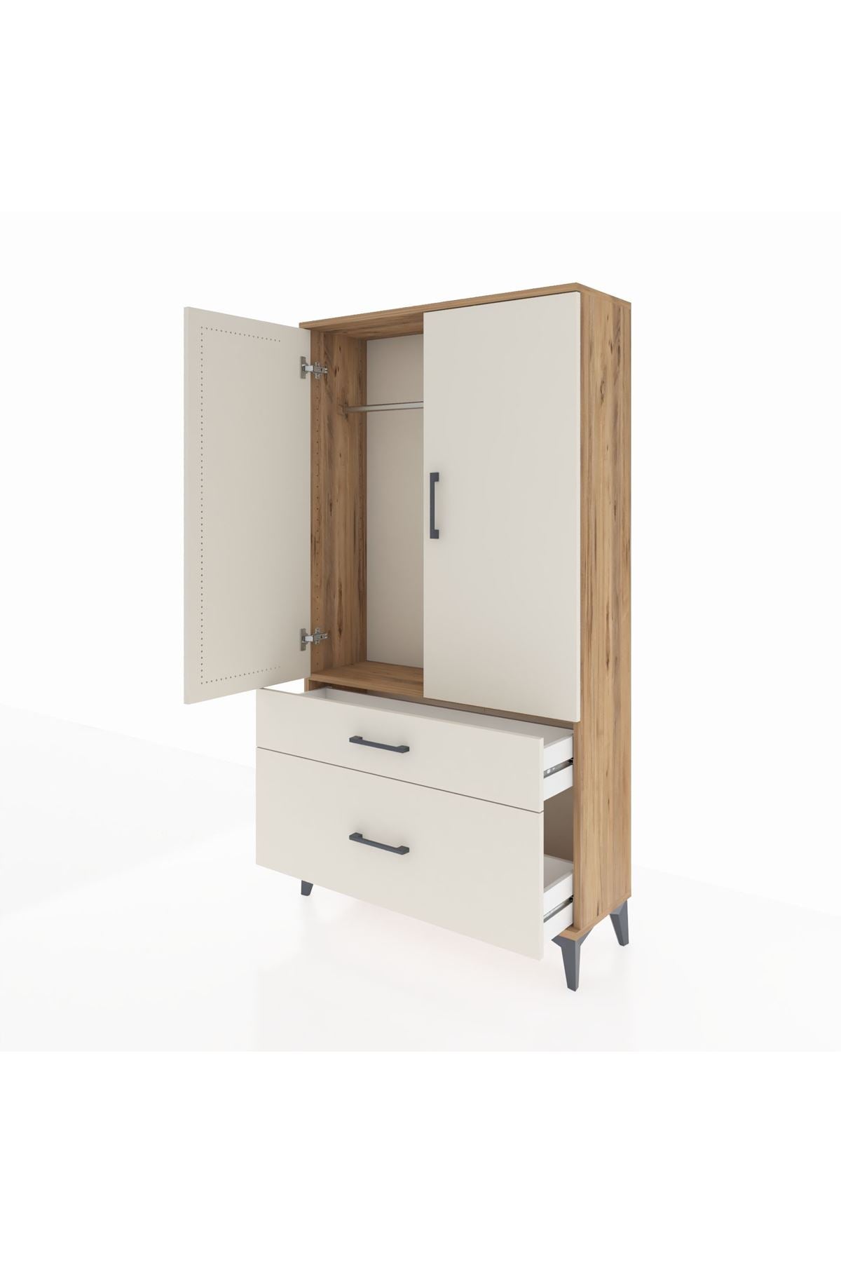 Arges Dolap Tek Raflı 2 Çekmeceli Tek Askılı 88x30x163 Çam-Aytaşı