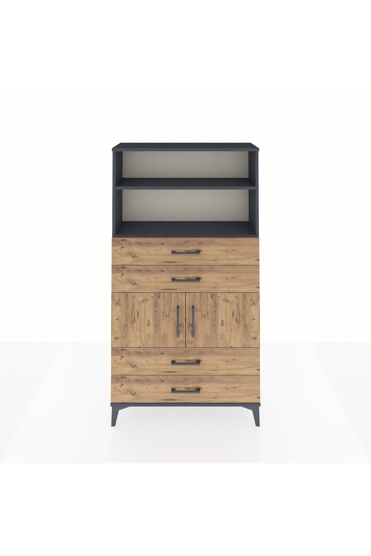 Arges Dolap 3 Raflı 4 Çekmeceli 2 Kapaklı 88x30x163 Antrasit-Çam