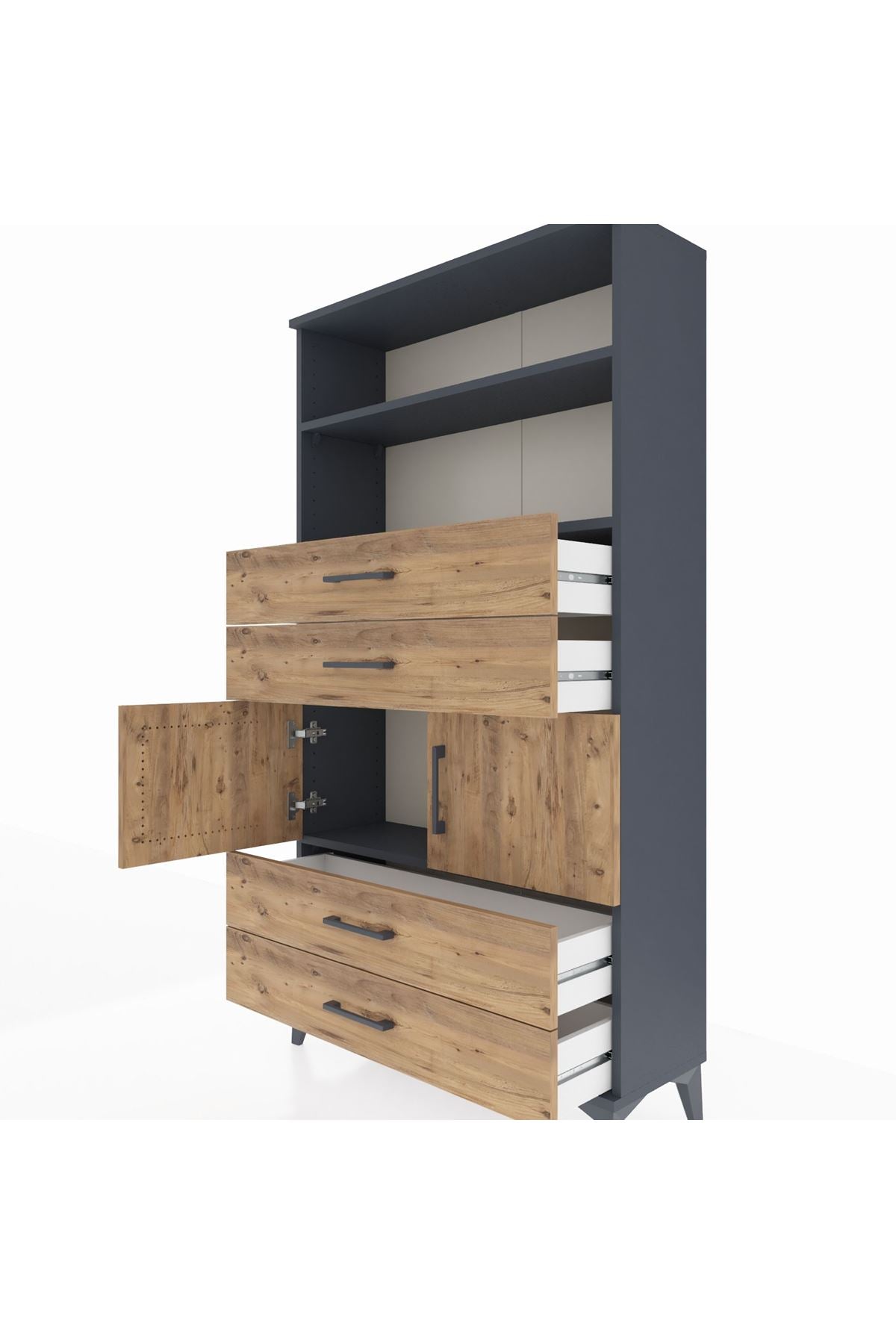 Arges Dolap 3 Raflı 4 Çekmeceli 2 Kapaklı 88x30x163 Antrasit-Çam