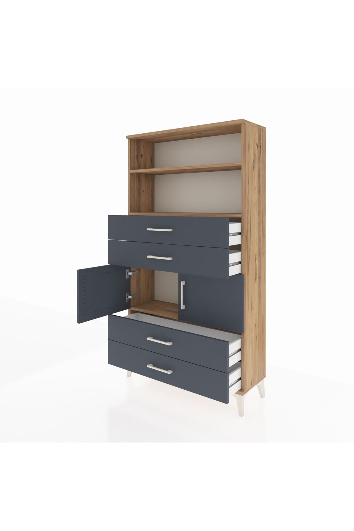 Arges Dolap 3 Raflı 4 Çekmeceli 2 Kapaklı 88x30x163 Çam-Antrasit