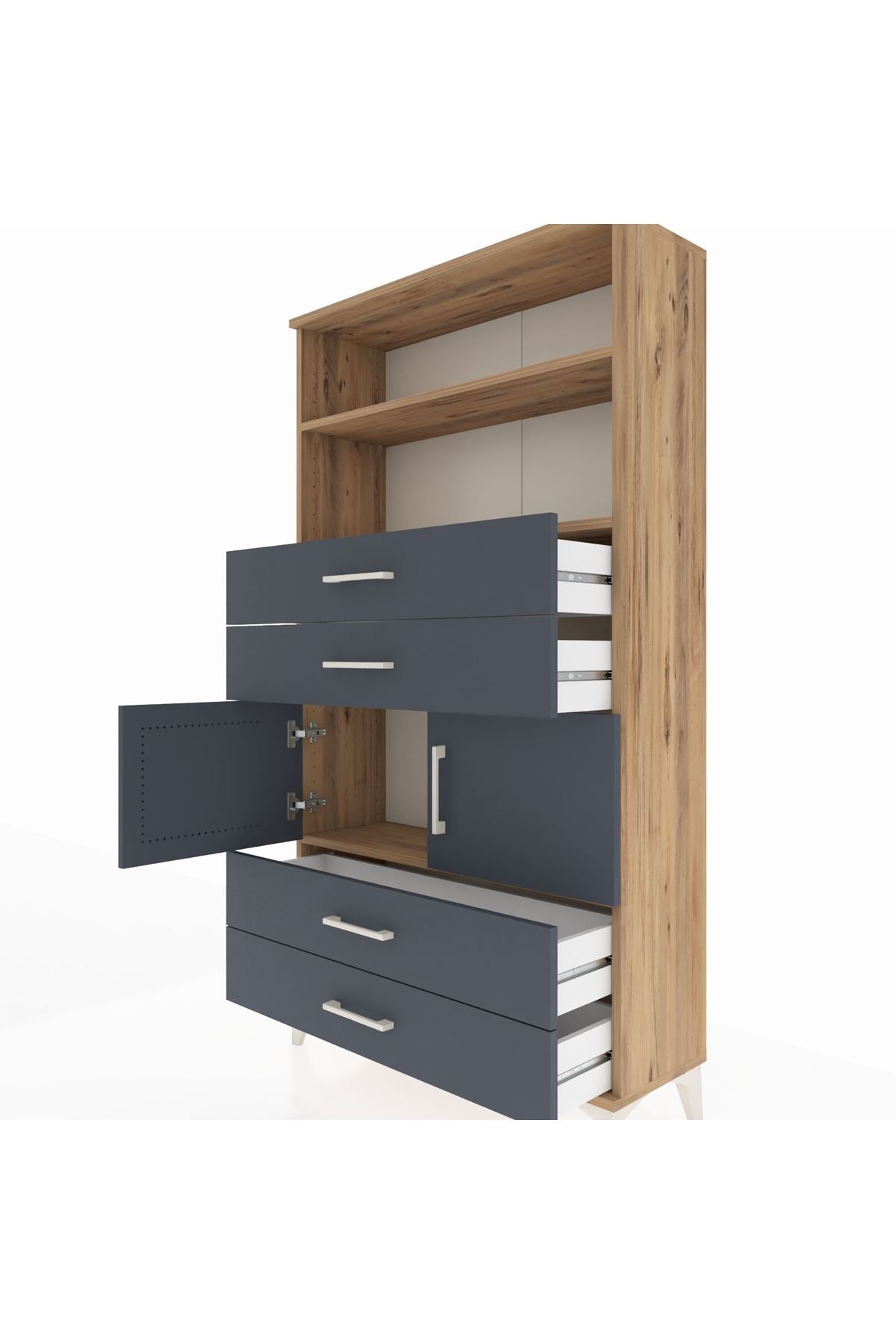 Arges Dolap 3 Raflı 4 Çekmeceli 2 Kapaklı 88x30x163 Çam-Antrasit