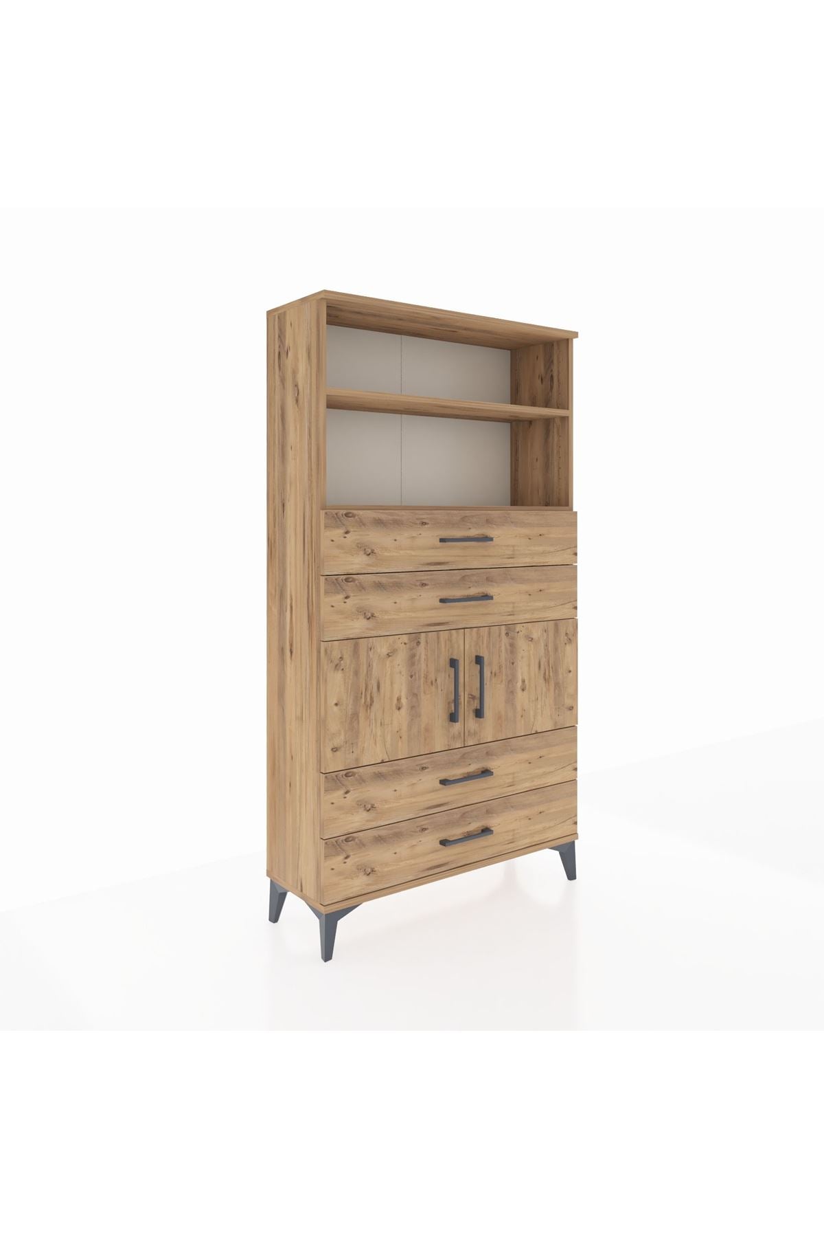 Arges Dolap 3 Raflı 4 Çekmeceli 2 Kapaklı 88x30x163 Çam-Çam