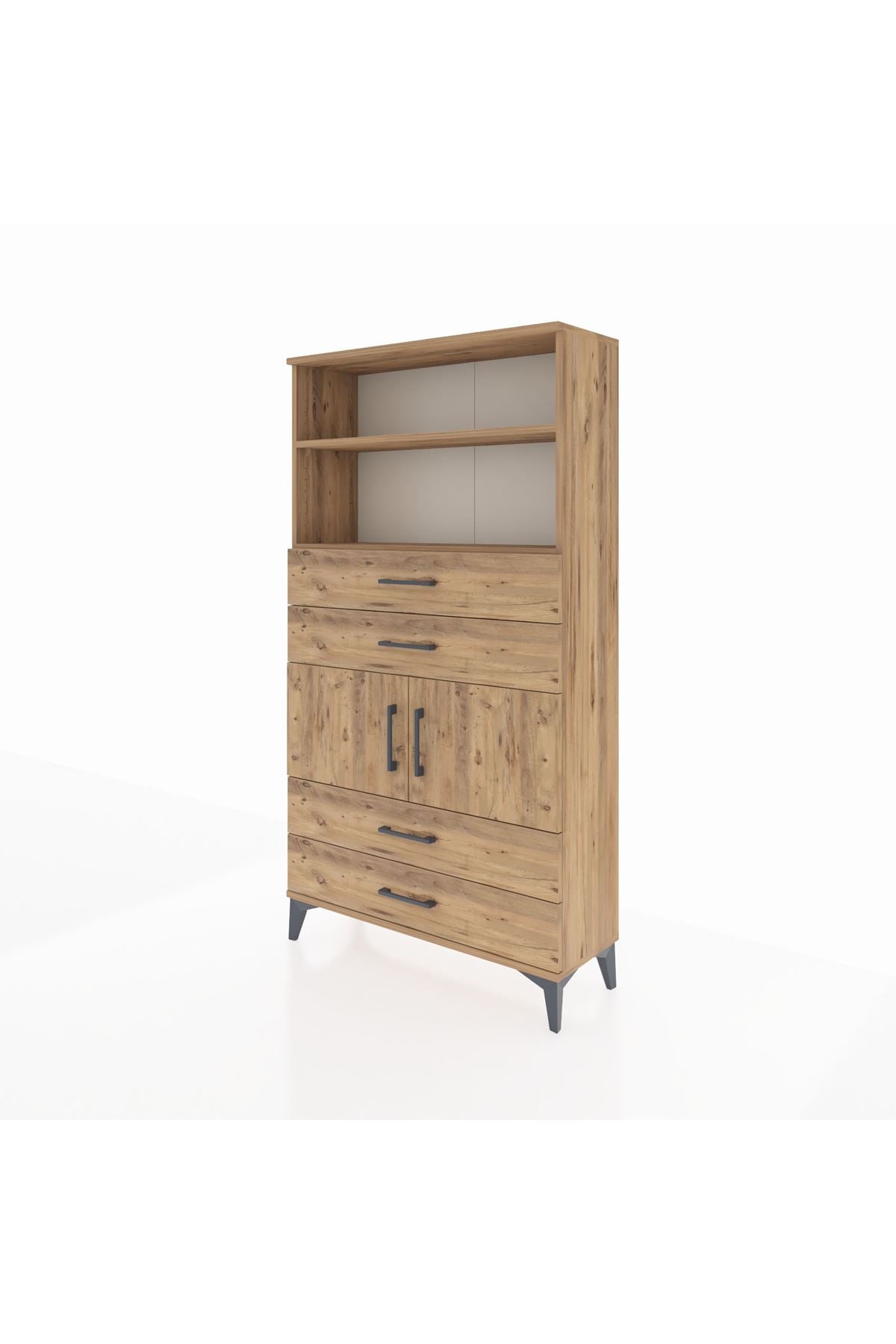 Arges Dolap 3 Raflı 4 Çekmeceli 2 Kapaklı 88x30x163 Çam-Çam