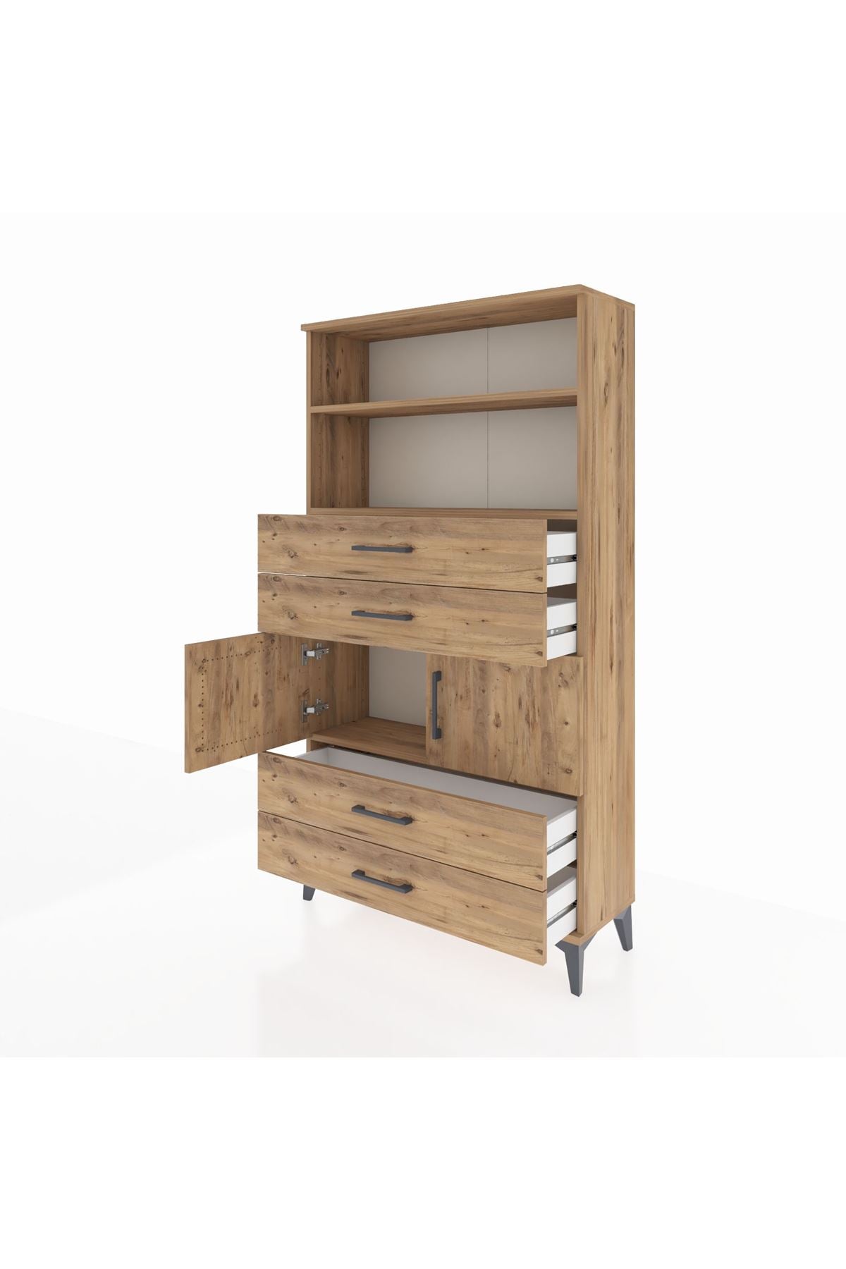 Arges Dolap 3 Raflı 4 Çekmeceli 2 Kapaklı 88x30x163 Çam-Çam