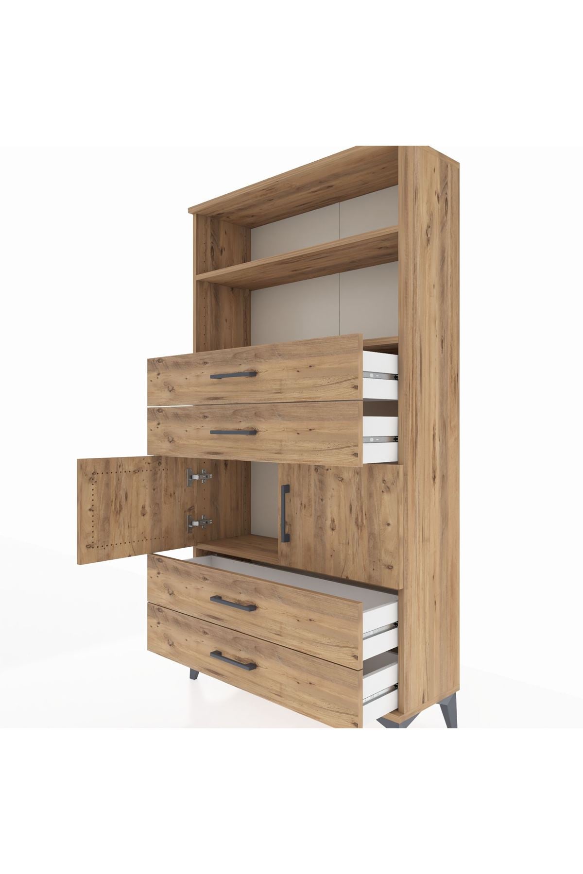 Arges Dolap 3 Raflı 4 Çekmeceli 2 Kapaklı 88x30x163 Çam-Çam