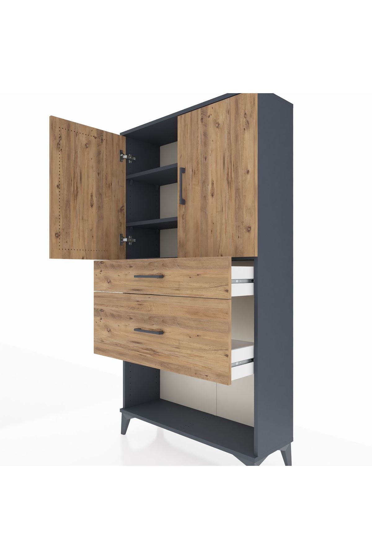 Arges Dolap 3 Raflı 2 Çekmeceli 2 Kapaklı 88x30x163 Antrasit-Çam