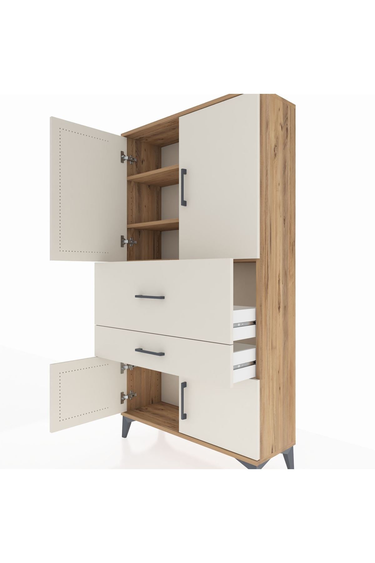 Arges Dolap 3 Raflı 2 Çekmeceli 4 Kapaklı 88x30x163 Çam-Aytaşı