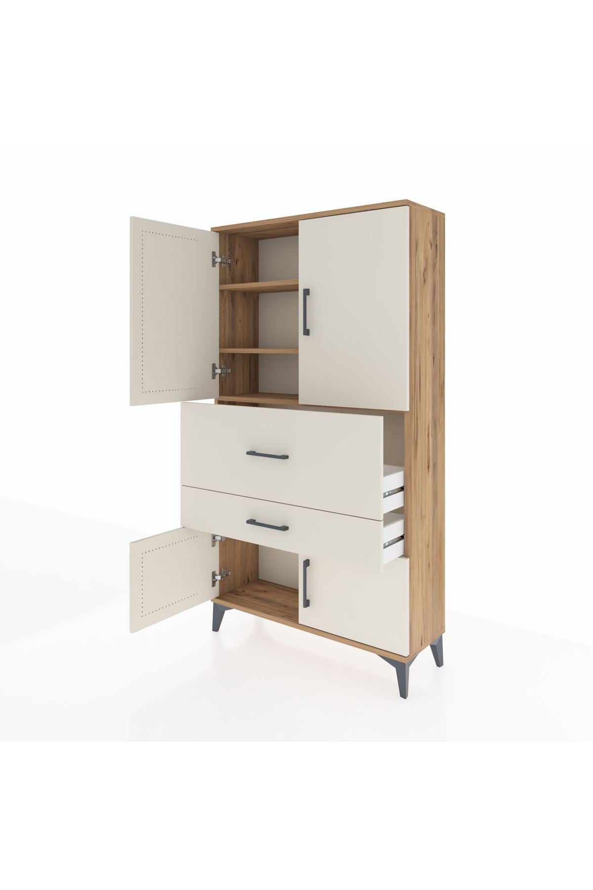 Arges Dolap 3 Raflı 2 Çekmeceli 4 Kapaklı 88x30x163 Çam-Aytaşı