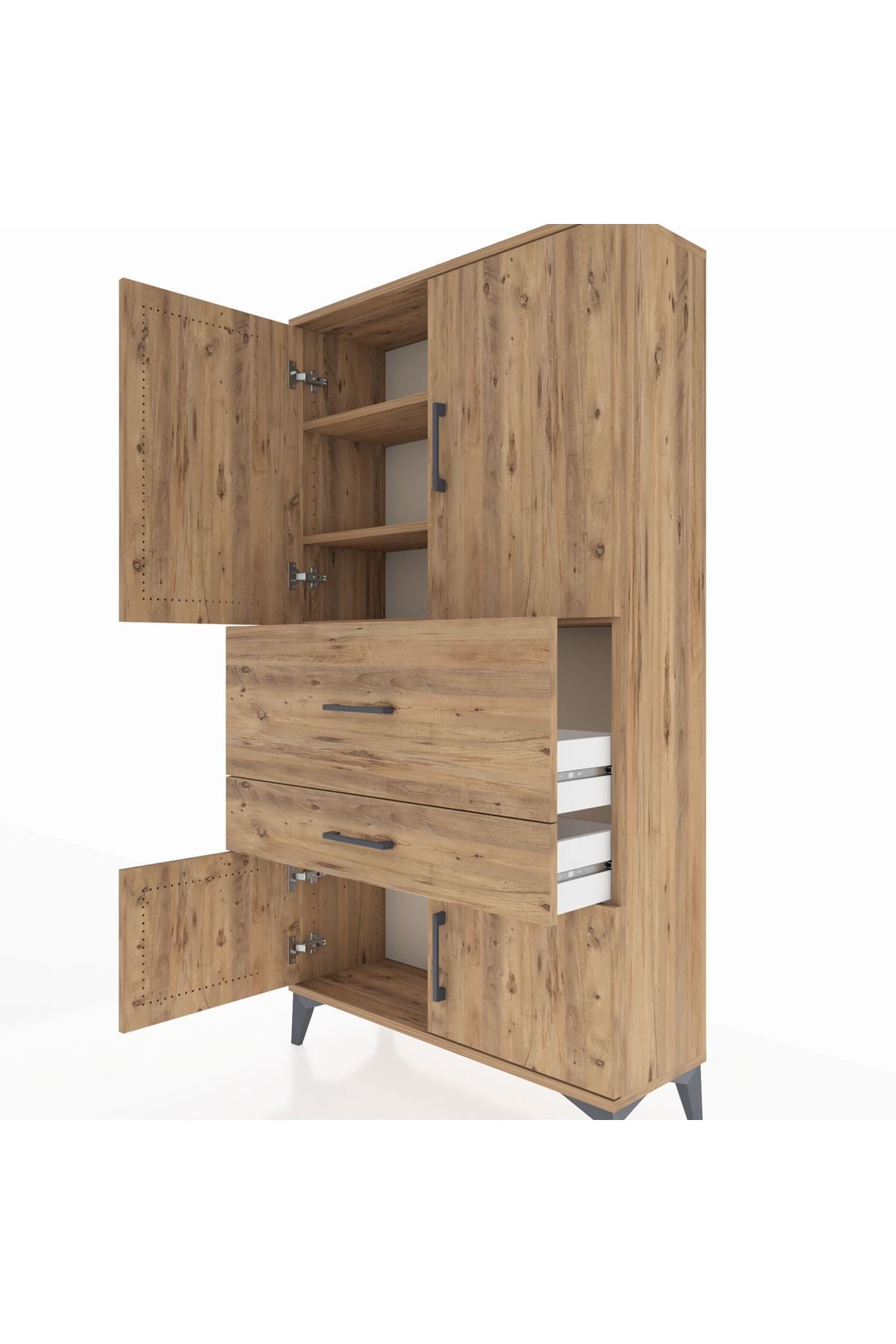 Arges Dolap 3 Raflı 2 Çekmeceli 4 Kapaklı 88x30x163 Çam-Çam