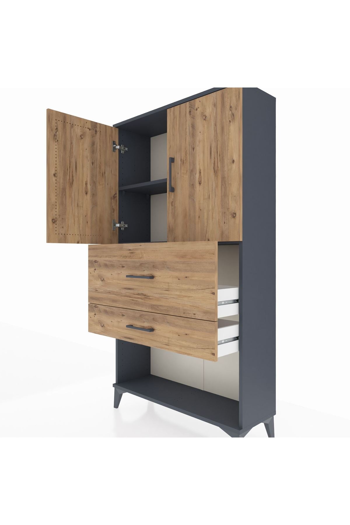 Arges Dolap 2 Raflı 2 Çekmeceli 2 Kapaklı 88x30x163 Antrasit-Çam