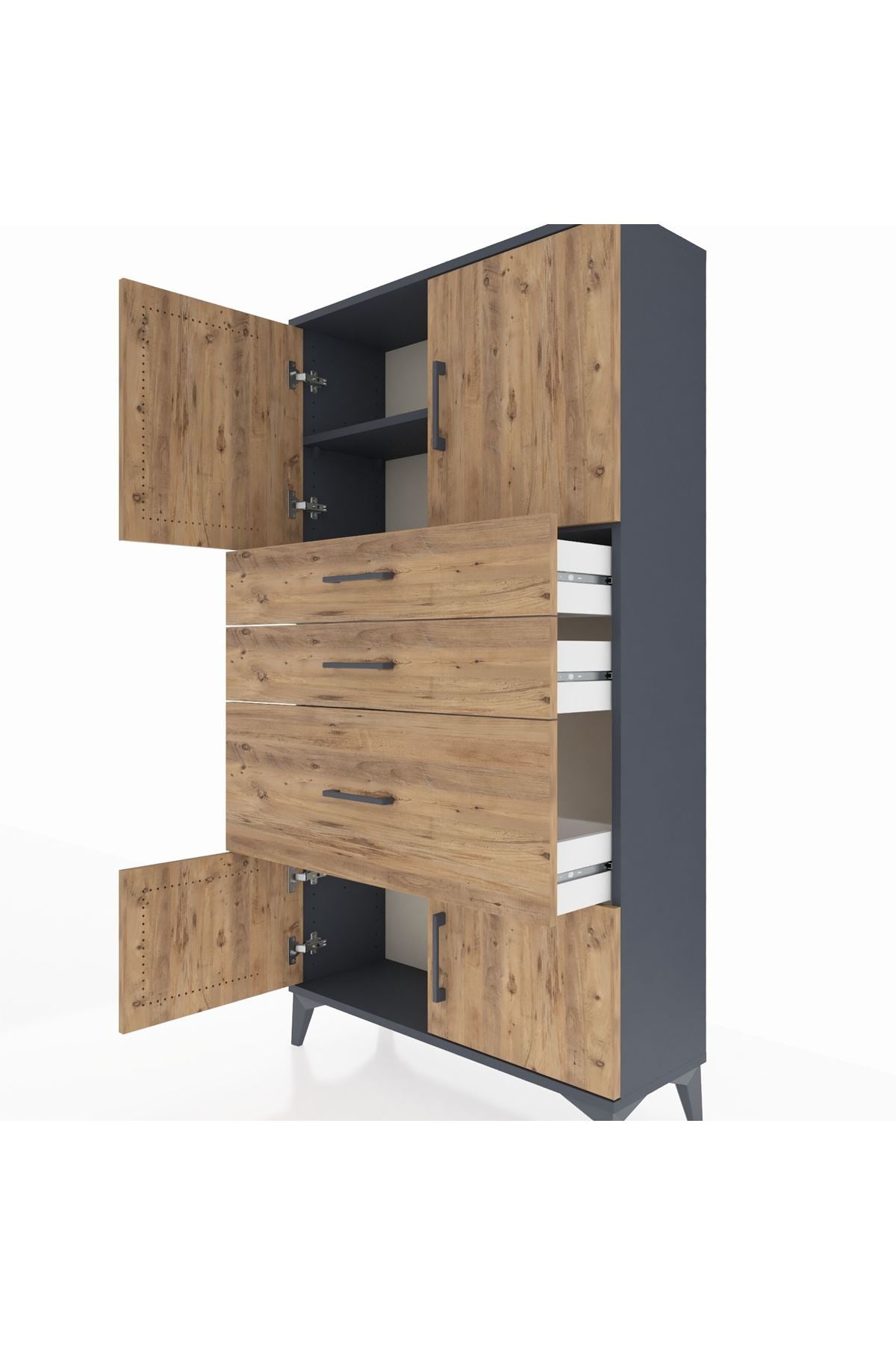 Arges Dolap 2 Raflı 3 Çekmeceli 4 Kapaklı 88x30x163 Antrasit-Çam