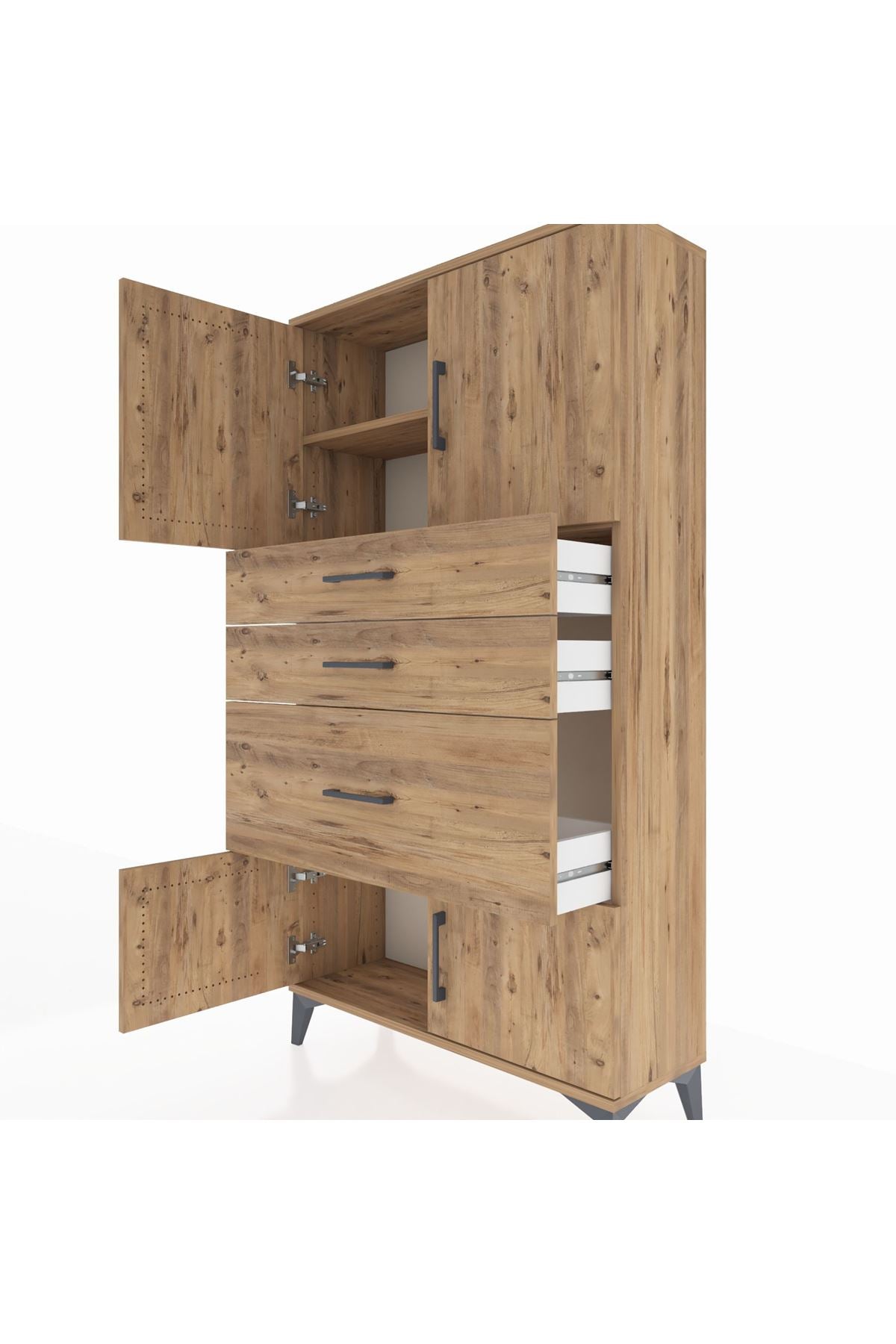 Arges Dolap 2 Raflı 3 Çekmeceli 4 Kapaklı 88x30x163 Çam-Çam