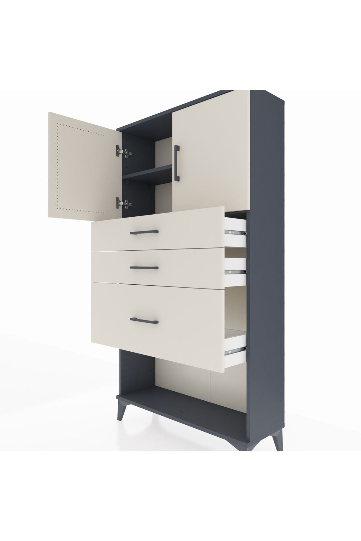 Arges Dolap 2 Raflı 3 Çekmeceli 2 Kapaklı 88x30x163 Antrasit-Aytaşı