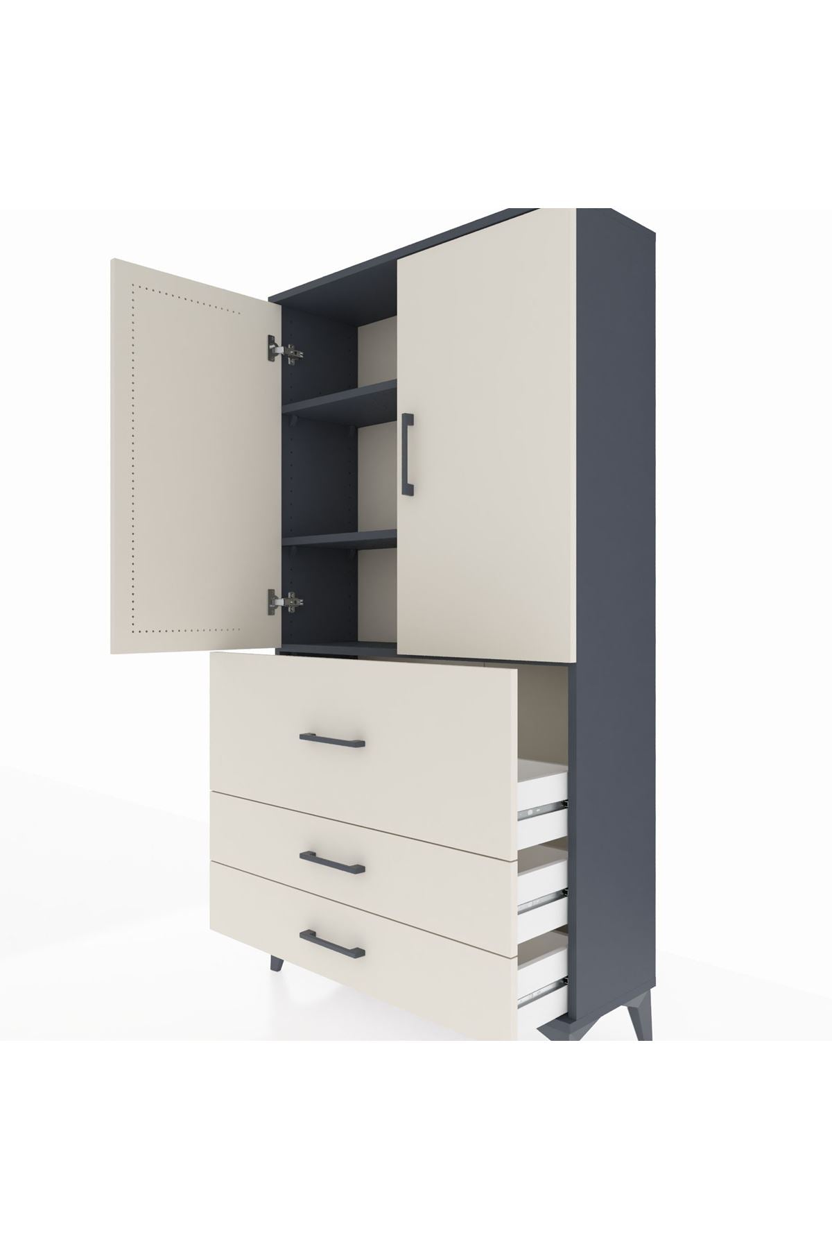 Arges Dolap 3 Raflı 3 Çekmeceli 2 Kapaklı 88x30x163 Antrasit-Aytaşı