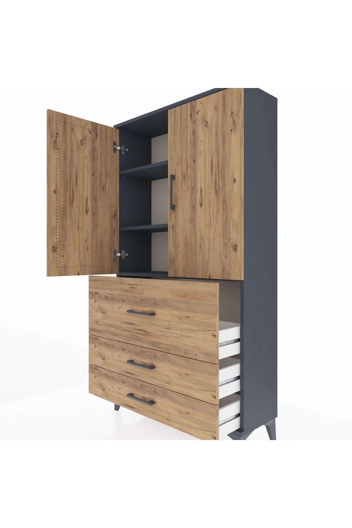 Arges Dolap 3 Raflı 3 Çekmeceli 2 Kapaklı 88x30x163 Antrasit-Çam