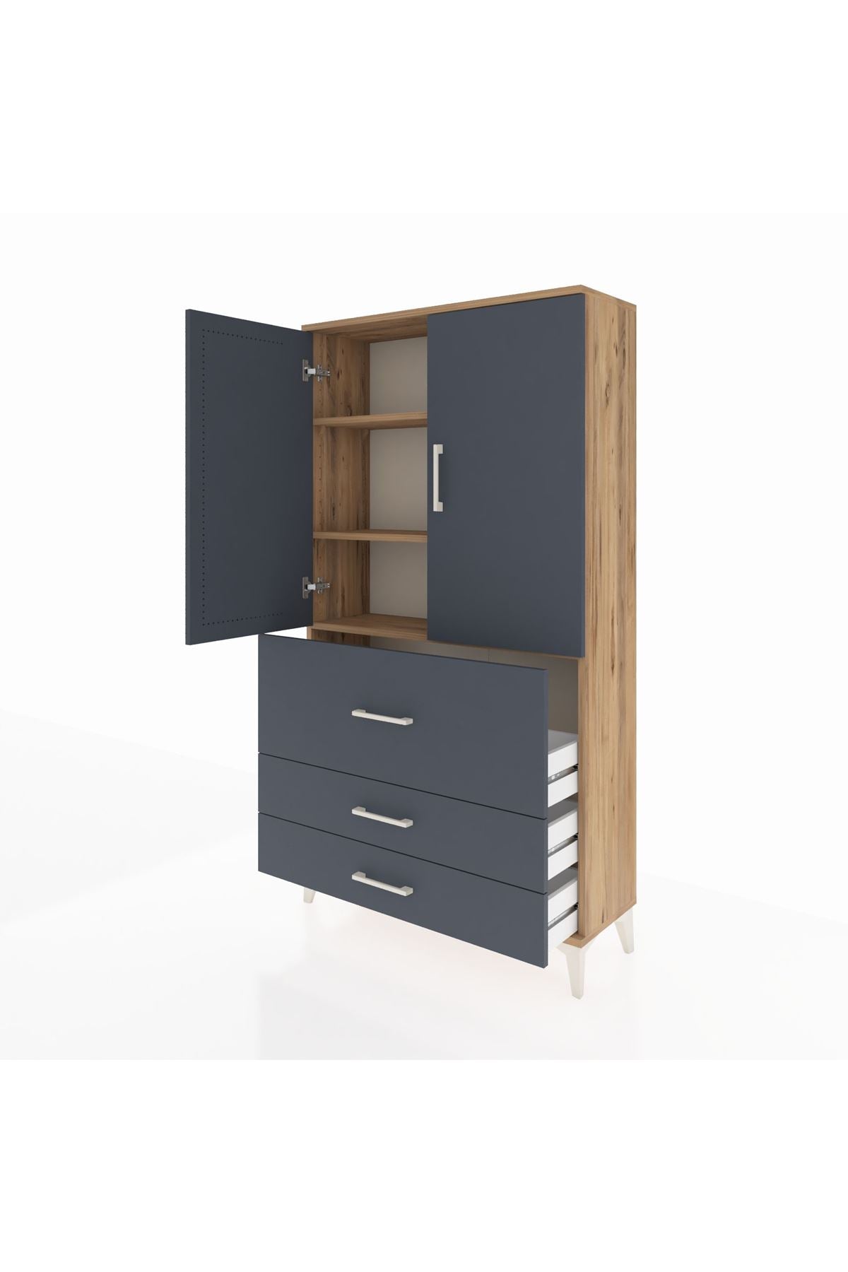 Arges Dolap 3 Raflı 3 Çekmeceli 2 Kapaklı 88x30x163 Çam-Antrasit