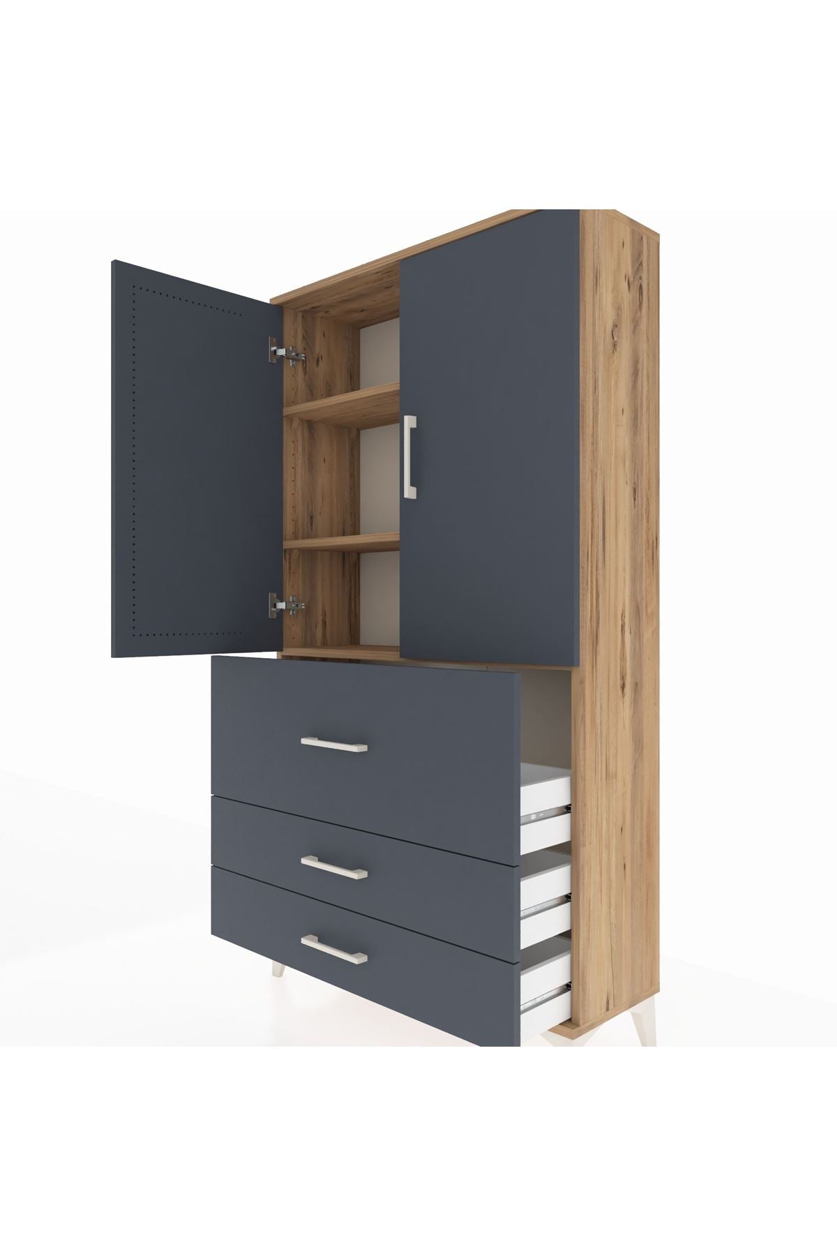 Arges Dolap 3 Raflı 3 Çekmeceli 2 Kapaklı 88x30x163 Çam-Antrasit