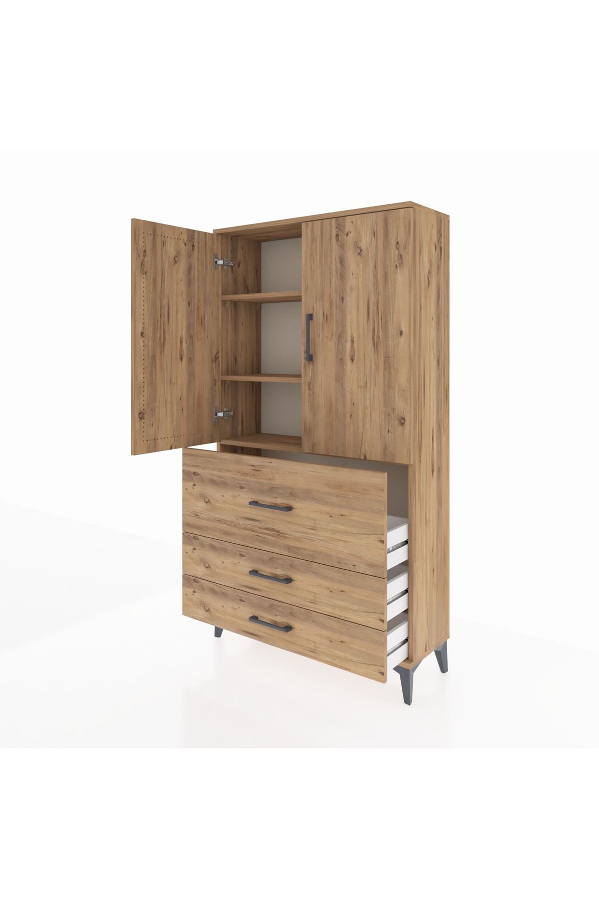 Arges Dolap 3 Raflı 3 Çekmeceli 2 Kapaklı 88x30x163 Çam-Çam