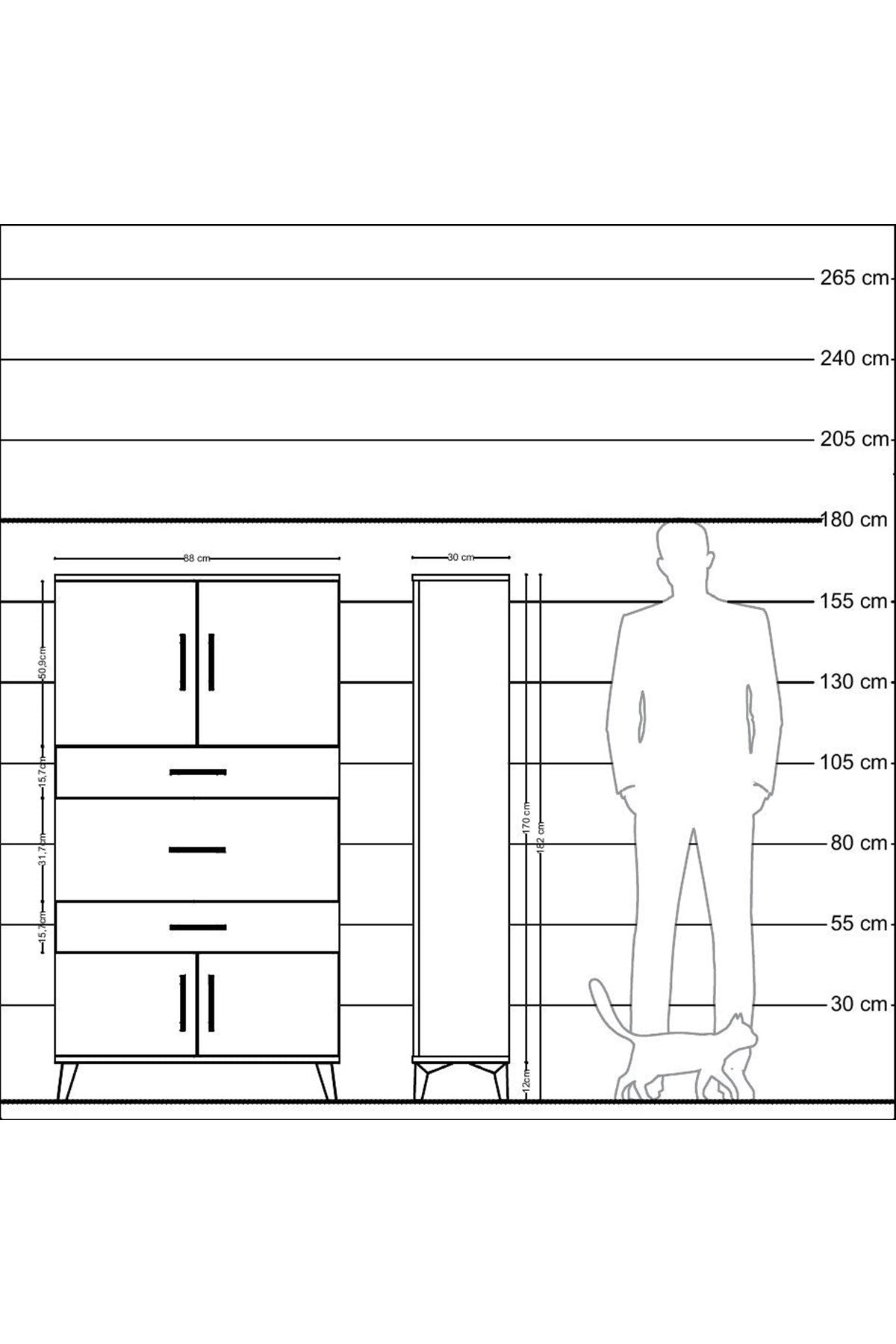 Arges Dolap 2 Raflı 3 Çekmeceli 4 Kapaklı 88x30x163 Antrasit-Çam