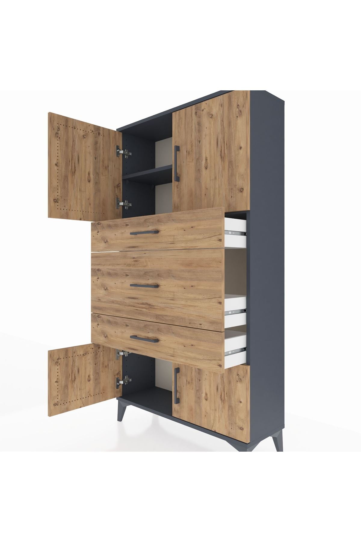 Arges Dolap 2 Raflı 3 Çekmeceli 4 Kapaklı 88x30x163 Antrasit-Çam