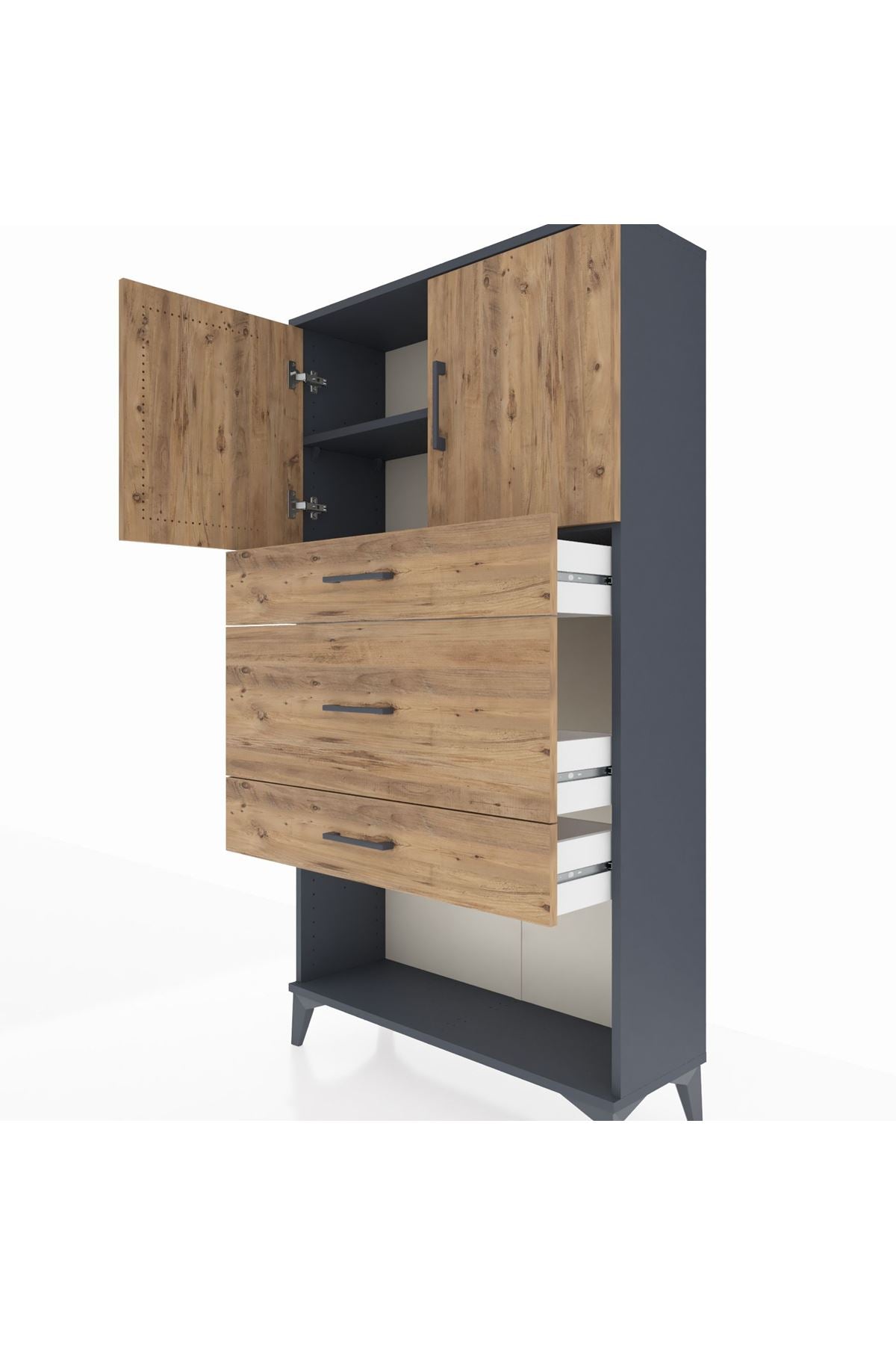 Arges Dolap 2 Raflı 3 Çekmeceli 2 Kapaklı 88x30x163 Antrasit-Çam