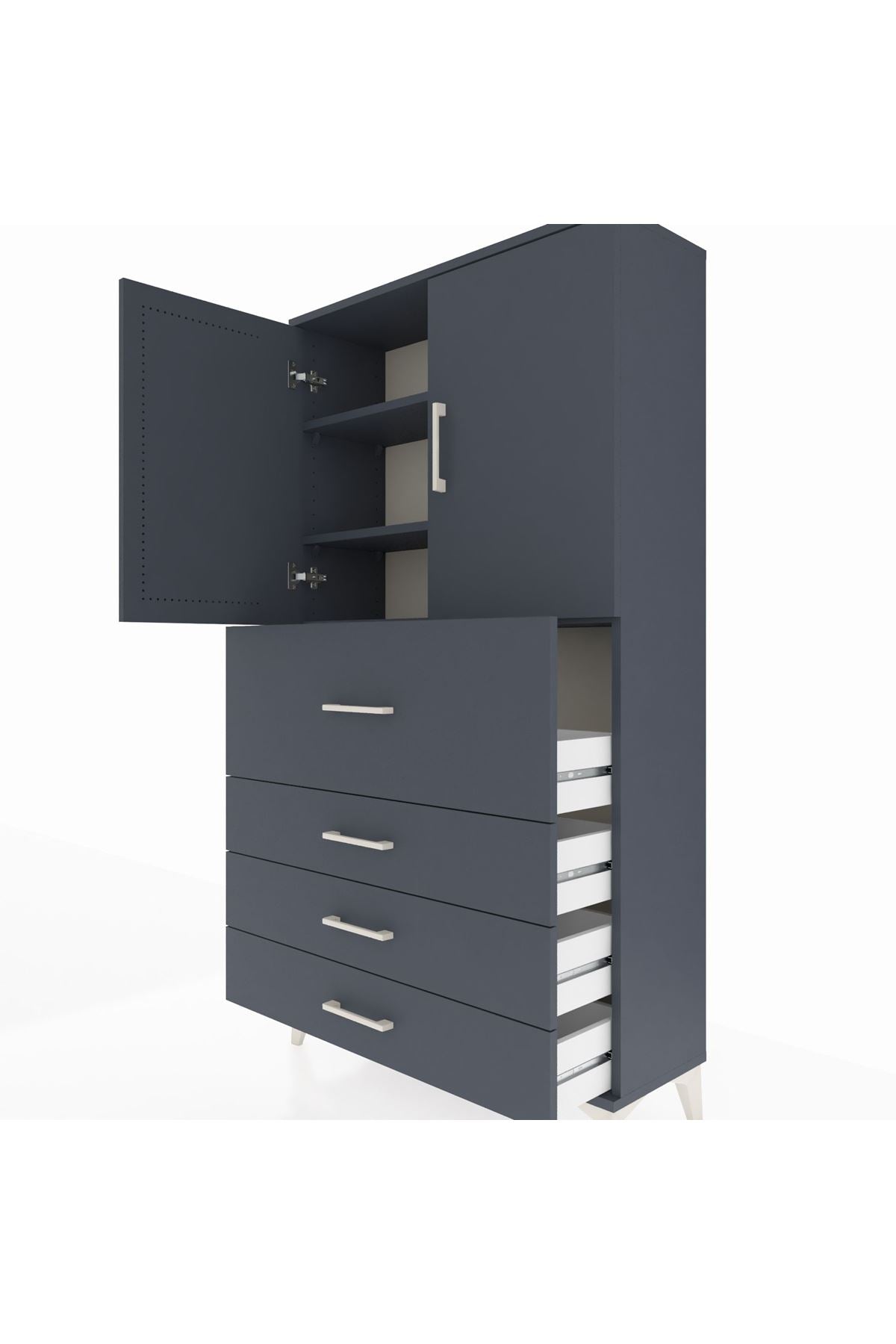 Arges Dolap 3 Raflı 4 Çekmeceli 2 Kapaklı 88x30x163 Antrasit-Antrasit