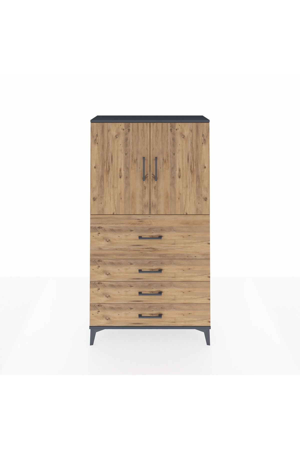 Arges Dolap 3 Raflı 4 Çekmeceli 2 Kapaklı 88x30x163 Antrasit-Çam