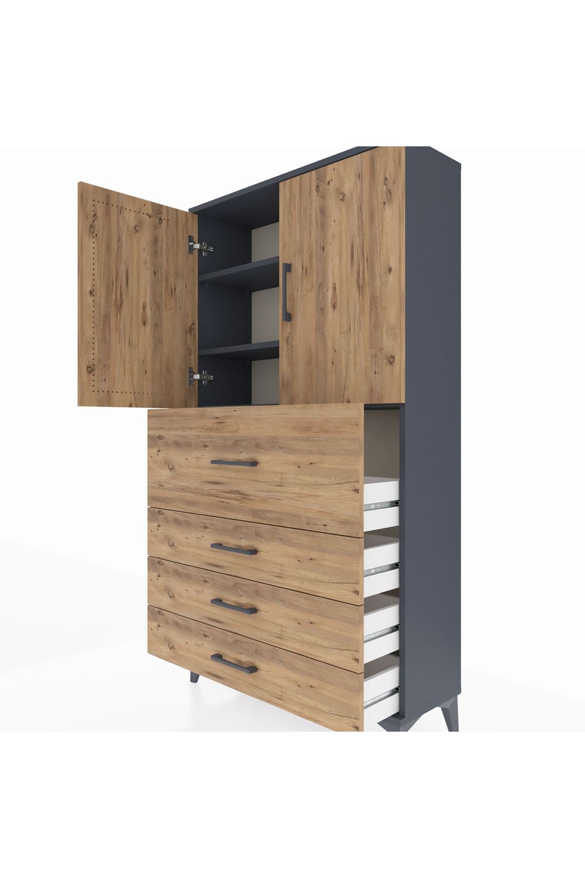 Arges Dolap 3 Raflı 4 Çekmeceli 2 Kapaklı 88x30x163 Antrasit-Çam