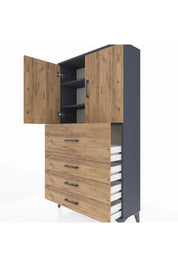 Arges Dolap 3 Raflı 4 Çekmeceli 2 Kapaklı 88x30x163 Antrasit-Çam