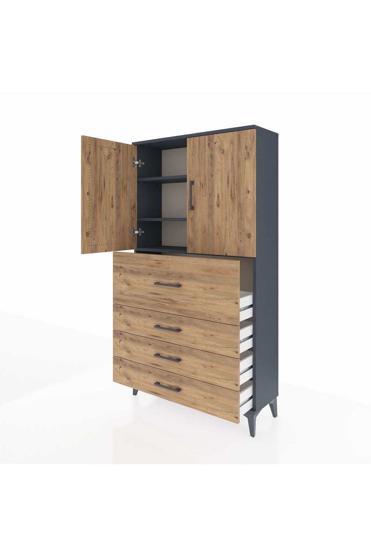 Arges Dolap 3 Raflı 4 Çekmeceli 2 Kapaklı 88x30x163 Antrasit-Çam