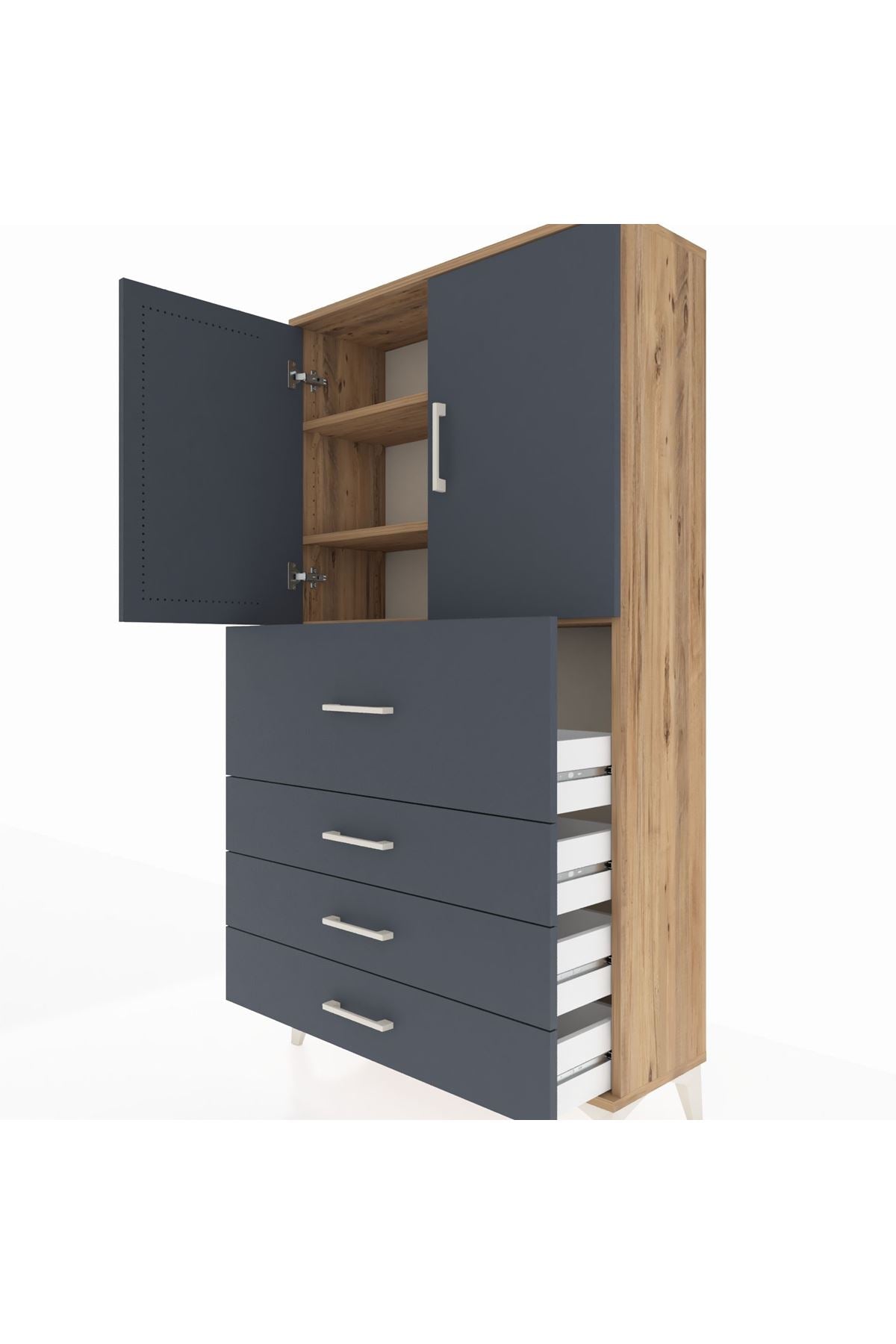 Arges Dolap 3 Raflı 4 Çekmeceli 2 Kapaklı 88x30x163 Çam-Antrasit