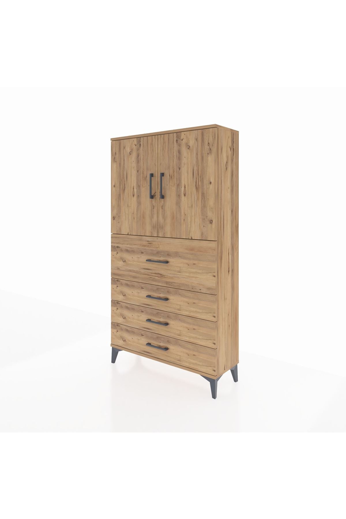 Arges Dolap 3 Raflı 4 Çekmeceli 2 Kapaklı 88x30x163 Çam-Çam