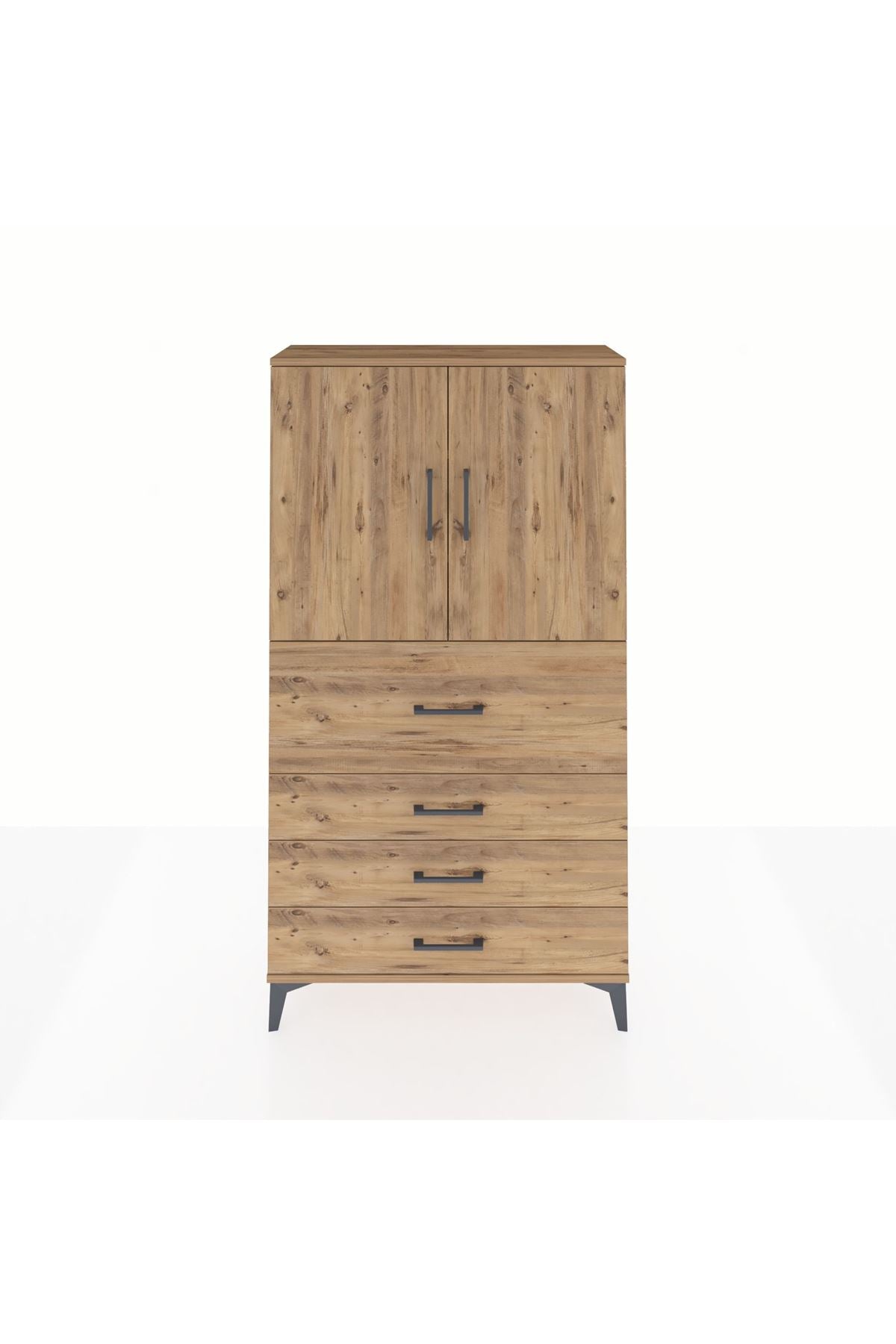 Arges Dolap 3 Raflı 4 Çekmeceli 2 Kapaklı 88x30x163 Çam-Çam