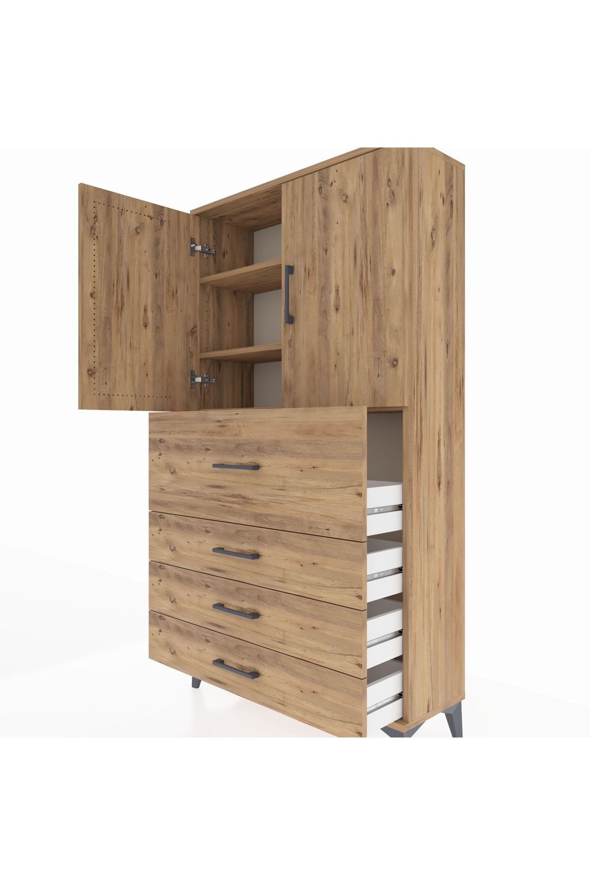 Arges Dolap 3 Raflı 4 Çekmeceli 2 Kapaklı 88x30x163 Çam-Çam